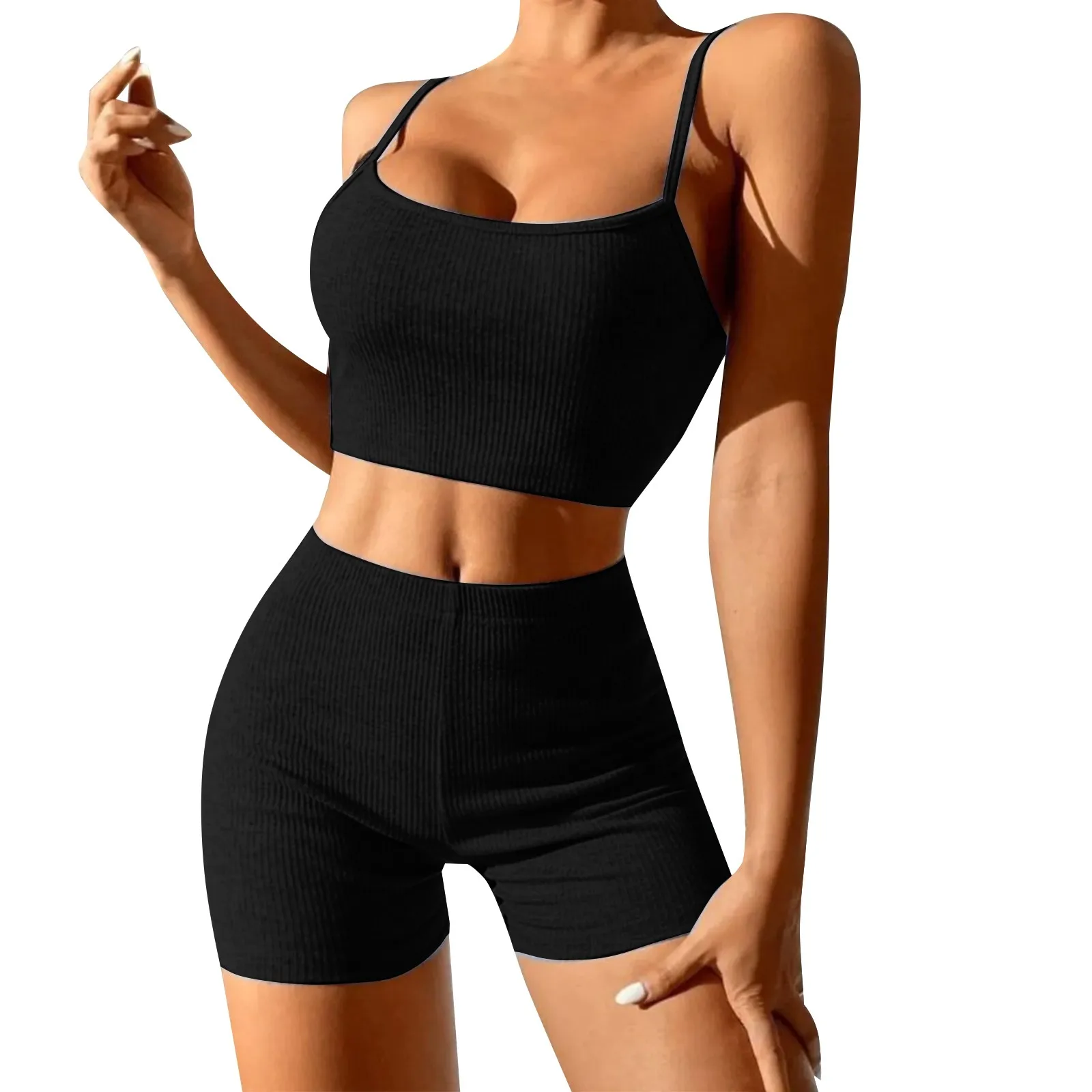 

Sexy Women Sleeveless Strap Bra Bustiers Tank Vest Crop Tops High Waist Short Pants Trousers Tracksuit Summer 2023 Sportswear