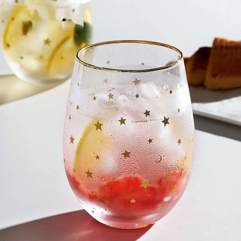 Glass Cup Egg-shaped Glass Water Cup Moon Star Snowflake Creative Ice Coffee Coke Cup Milk Juice Cup Transparent Mugs