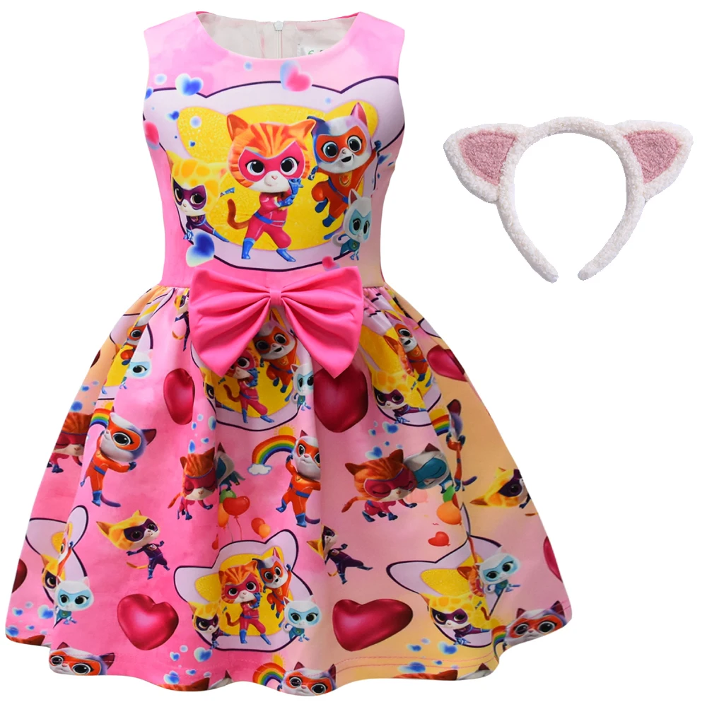 SuperKitties Kids Summer superhero Dress neonate Cute Bow Princess Dress Toddler Girls Birthday Party Dresses con copricapo