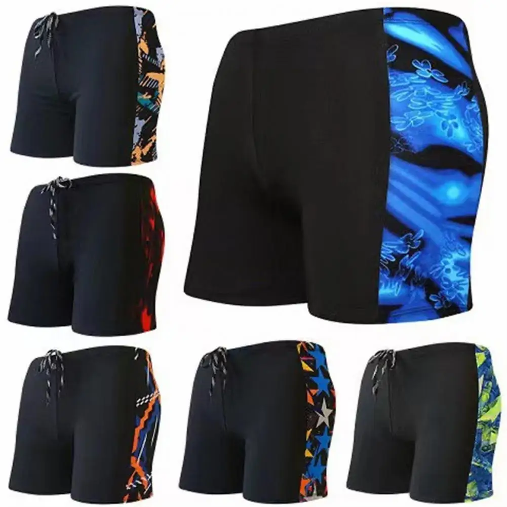 Stretchy  Chic Pattern Stitching Summer Boxer Briefs High Elasticity Swimming Shorts Quick Drying   for Gym