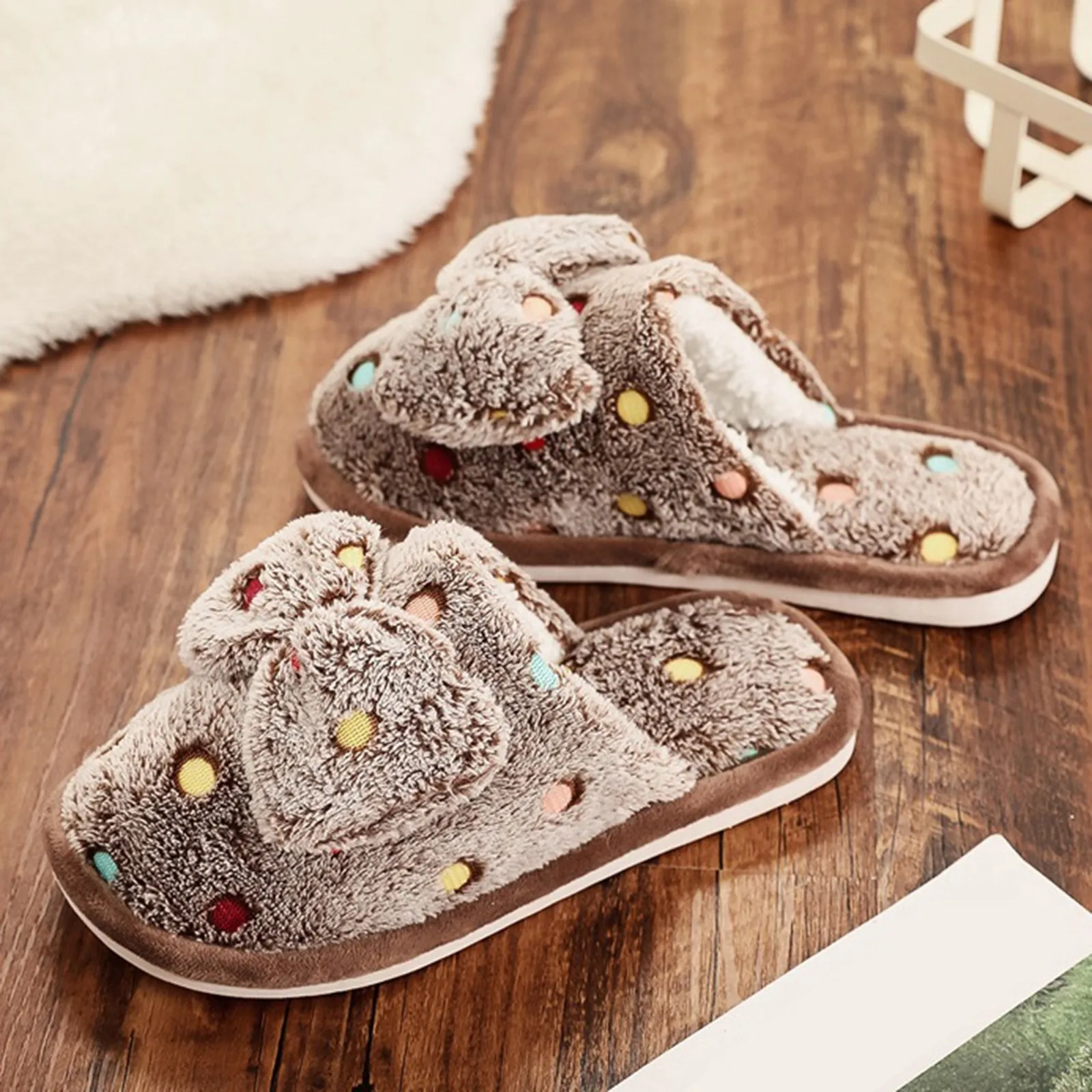 Warm Home Slippers Women'S Cute Autumn Winter Bow Colorful Dot Thick Plush Non-Slip Leisure Shoes Sweet Soft Bedroom Flat Slides