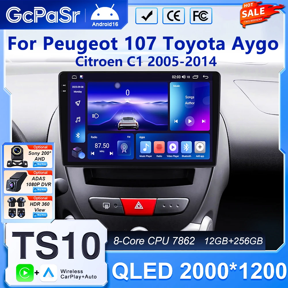 Car Radio Android 16 For Peugeot 107 Toyota Aygo Citroen C1 2005 2006 - 2014 Multimedia Video Dash DVR Touch Screen WiFi