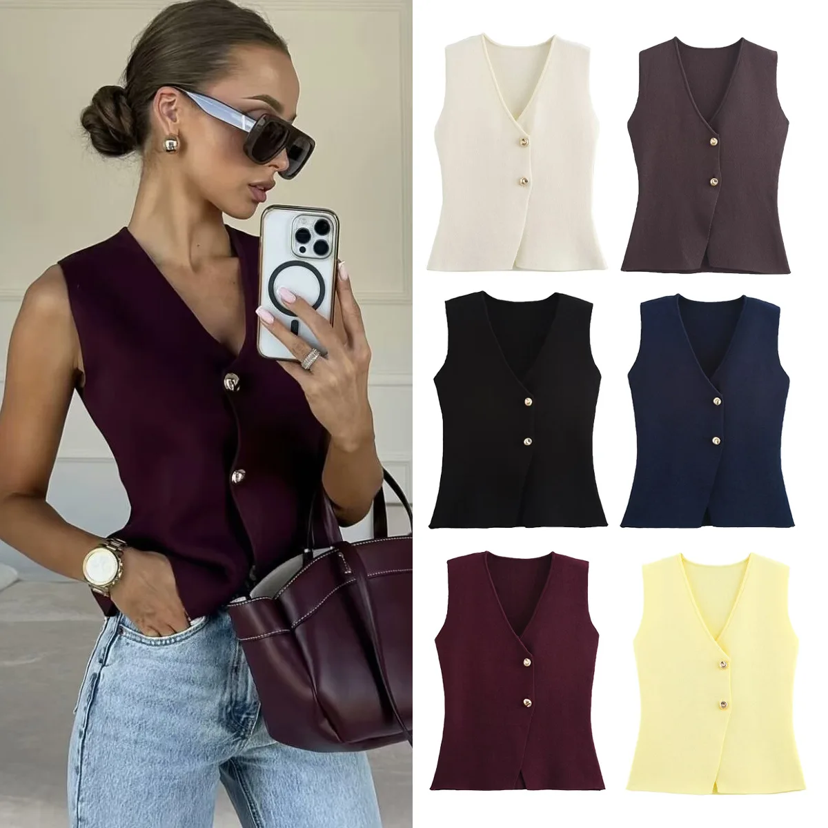 

Knitted Vest Outwear Women Solid Color Slim Fits Single Breasted Fashion Casual Style Top Knited Vests Outwear Sweaters