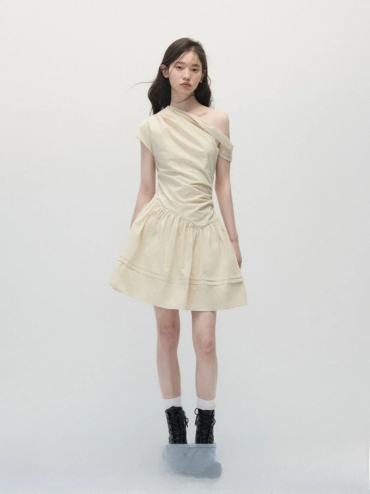 

Annatto Summer Original Design Slimming A-Line Midi Dress Women's Sweet Style Cotton Blend Casual Fit Dress in Beige