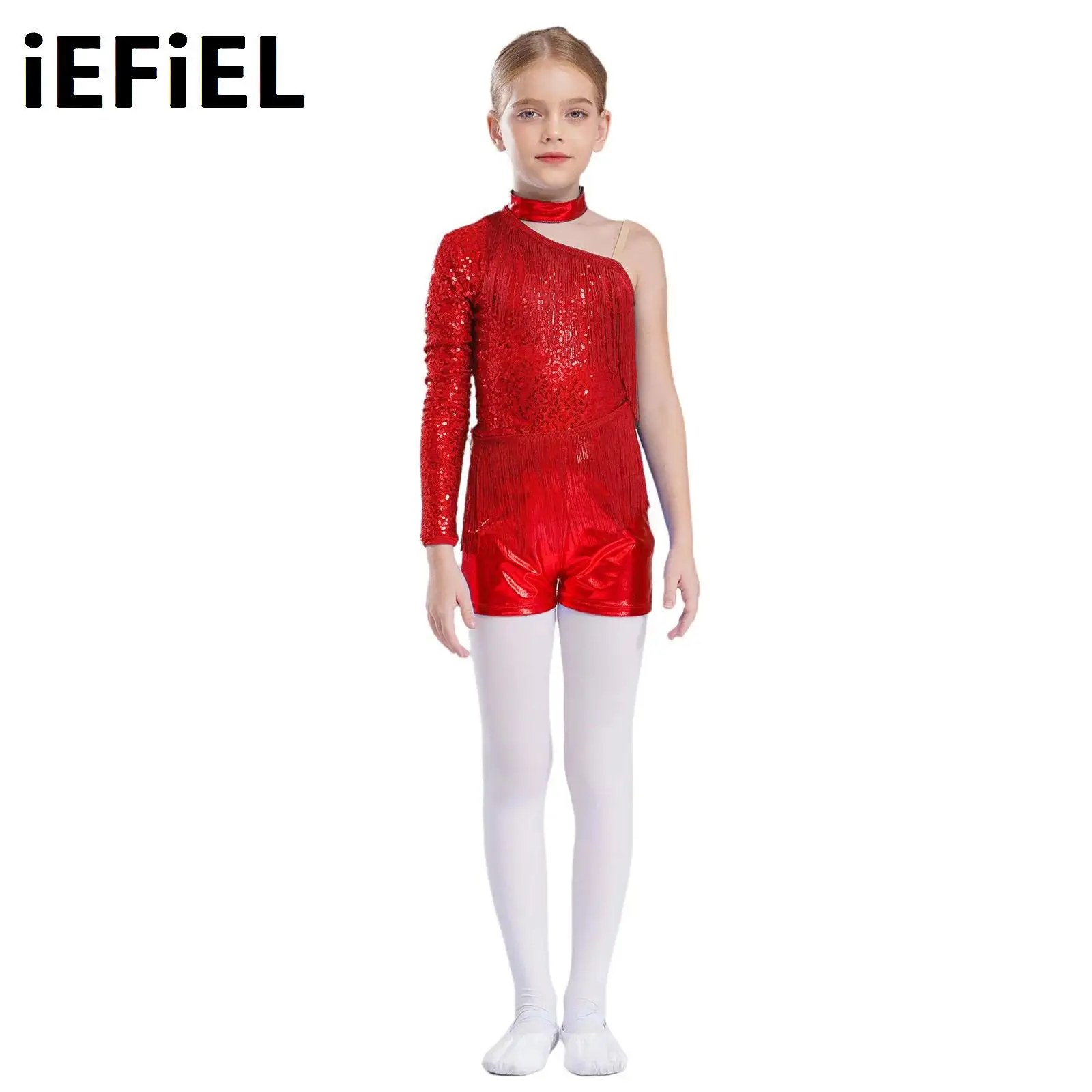 

Kids Girls Sequins Latin Dance Leotard Tassel Metallic Jumpsuit Halter One Shoulder Shiny Sequins Leotard