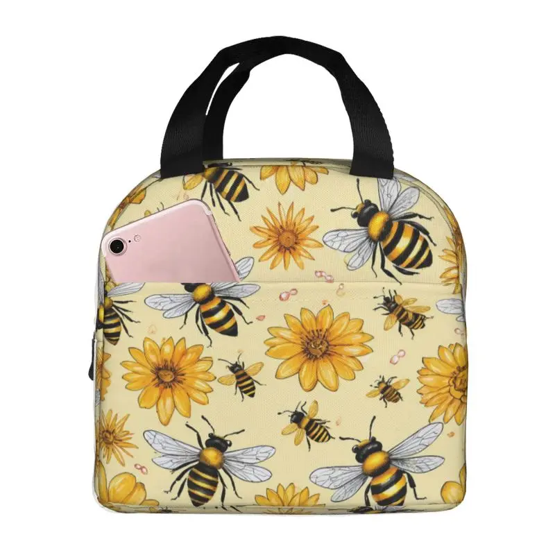 Honey Bees And Sunflower Lunch Bag Men Women Cooler Warm Insulated Lunch Container for Children School Work Picnic Food Tote Bag