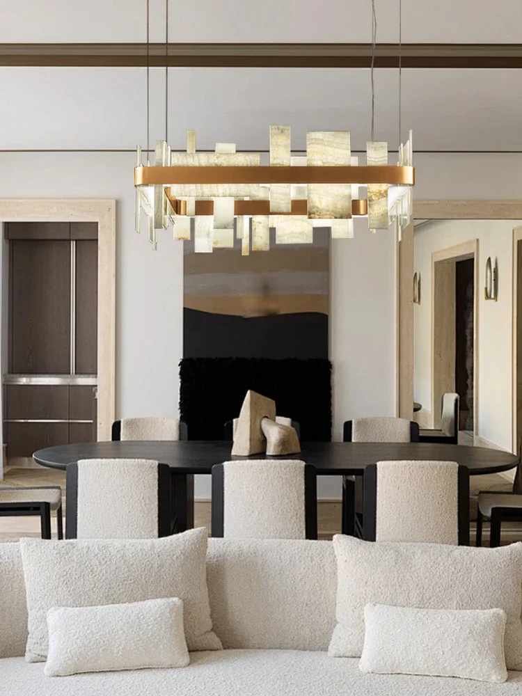 Black Long Marble & Alabaster Pendant Light, Suspension Luminaire for Dining Room Home Ceiling Decor
