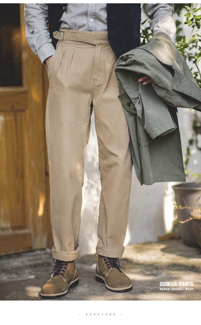 Maden Vintage Khaki Gurkha Hose, verstellbar, hohe Taille, lässige Cargo-Arbeitshose, klassische gerade Hose für Herren, Frühling und Herbst – Detail 19
