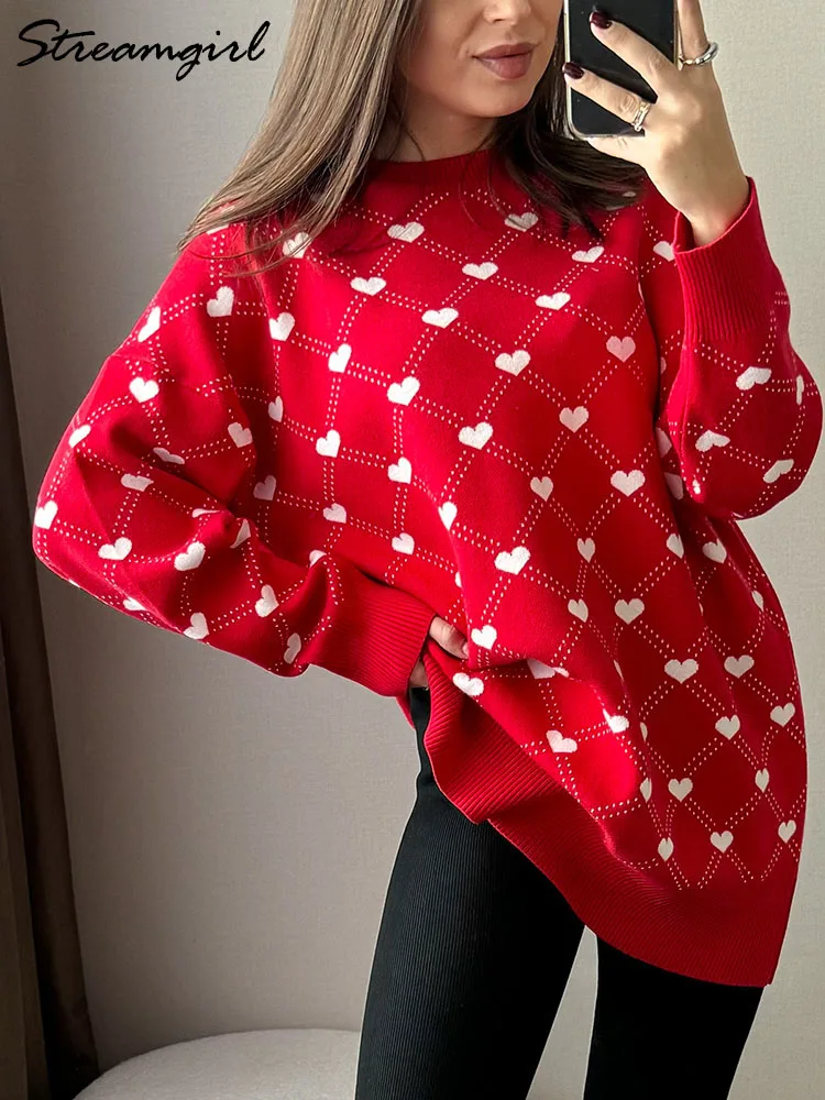 Winter Long Sweaters Hearts Women Oversize Knit Tops Red Pullovers Women\'s Long Jumpers Winter Casual Sweaters For Women 2024