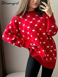 Winter Long Sweaters Hearts Women Oversize Knit Tops Red Pullovers Women's Long Jumpers Winter Casual Sweaters For Women 2024