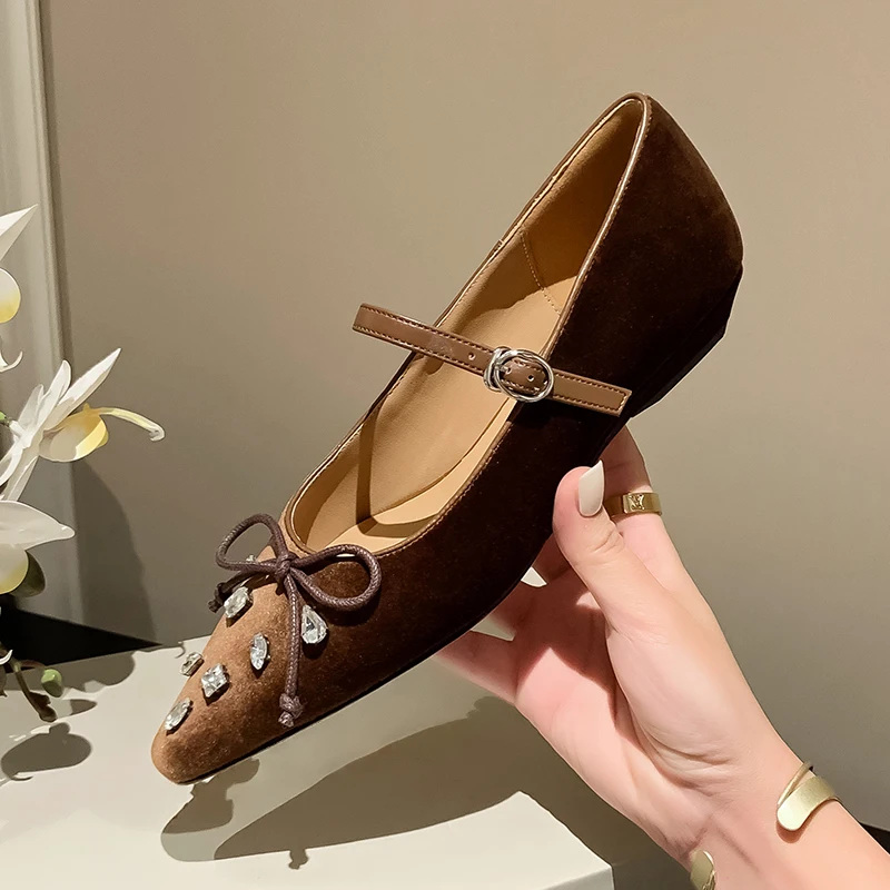 

Crystal Bow Knot Pointed Toe Suede Flat Shoes Women's Belt Buckle Design Versatile Single Shoes Spring Comfortable Ballet Shoes