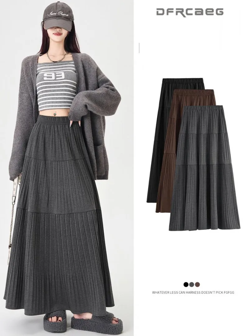 

Повседневная макси-юбка в корейском стиле в стиле ретро для женщин, осень-зима, эластичная талия, большие качели, лоскутные юбки трапециевидной формы, женские юбки