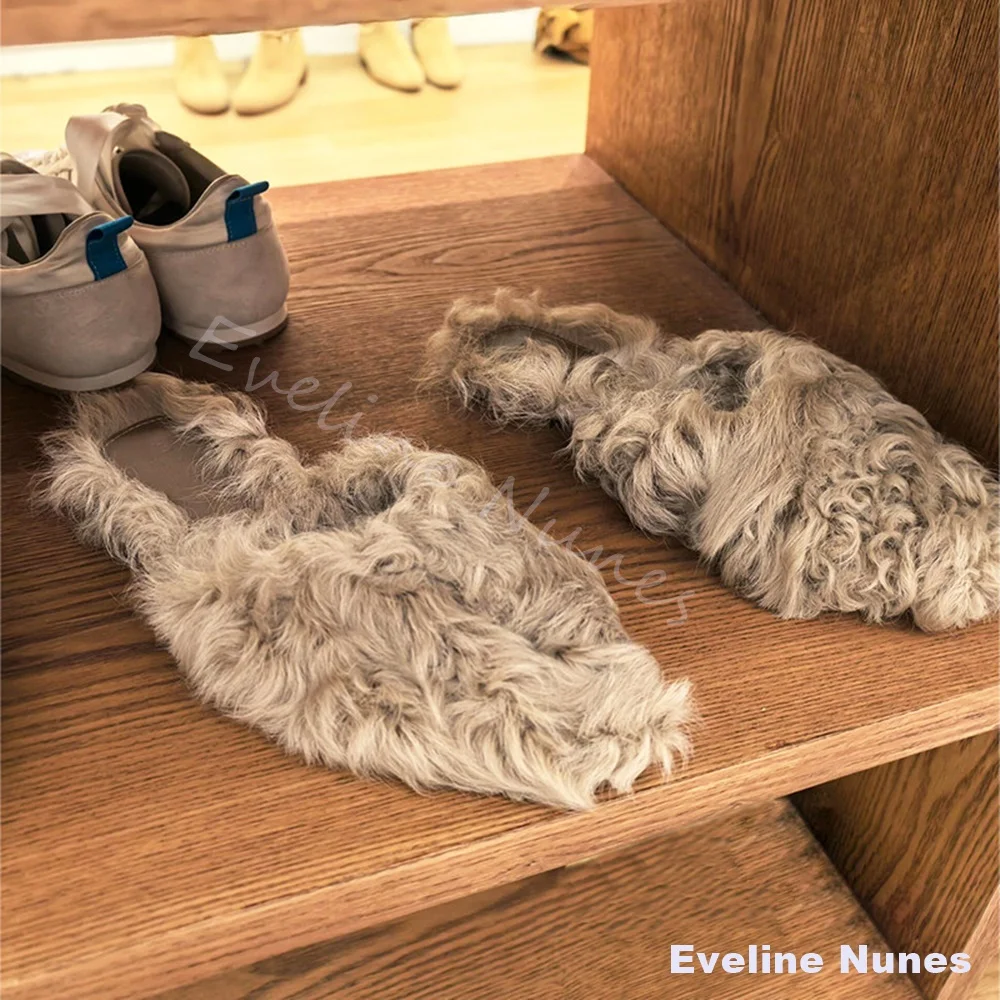 Women Grey Curly Sheepskin Fur Mules Pointed Toe Slip On Backless Flat Slippers Winter Warm Plush Outdoor Fashion Slide Shoes