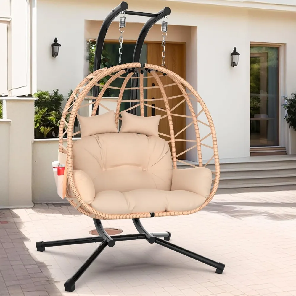 

Double Egg Chair With Stand 2 Person Rattan Wicker Swing With UV Resistant Cushion and Pillow for Outdoor Patio 700lbs Capacity