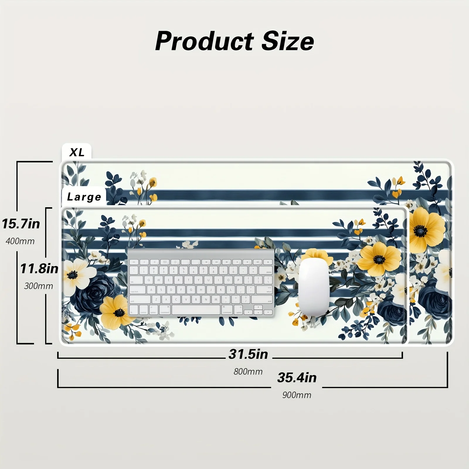 1 Buah Alas Mouse Motif Bunga Bergaris Bohemian - Alas Karet Anti Selip yang Tahan Lama, Desain Bunga Berwarna Kuning Biru Putih Hijau Cerah di Latar Belakang Biru Dongker