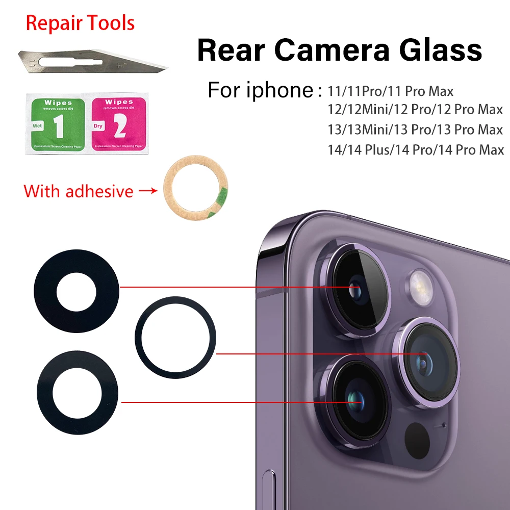 2 Pcs Camera Glass Lens Back Rear Camera Glass Lens with Glue Replacement Repair Spare Parts For IPhone 14 Plus 13 12 mini