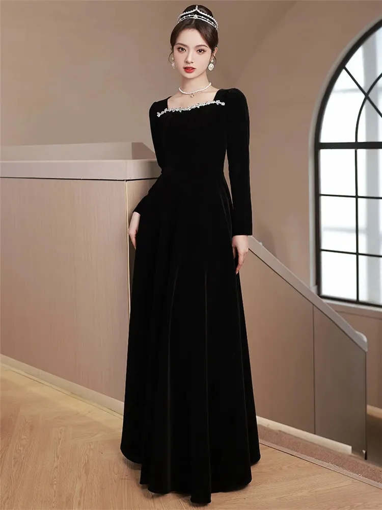 Black Dress Women Autumn Winter Solid Color Diamond Decorated Velvet Square Collar Long Sleeve A-line Skirt Female Clothing M101