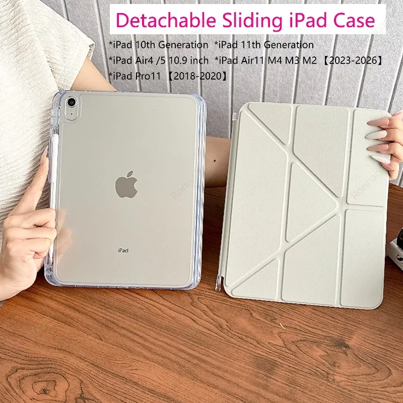 Detachable Sliding Case for iPad A16 11th/10th Generation 11/10.9 Inch 2025/2022 with Pencil Holder Slim Multi-Angle Wake/Sleep