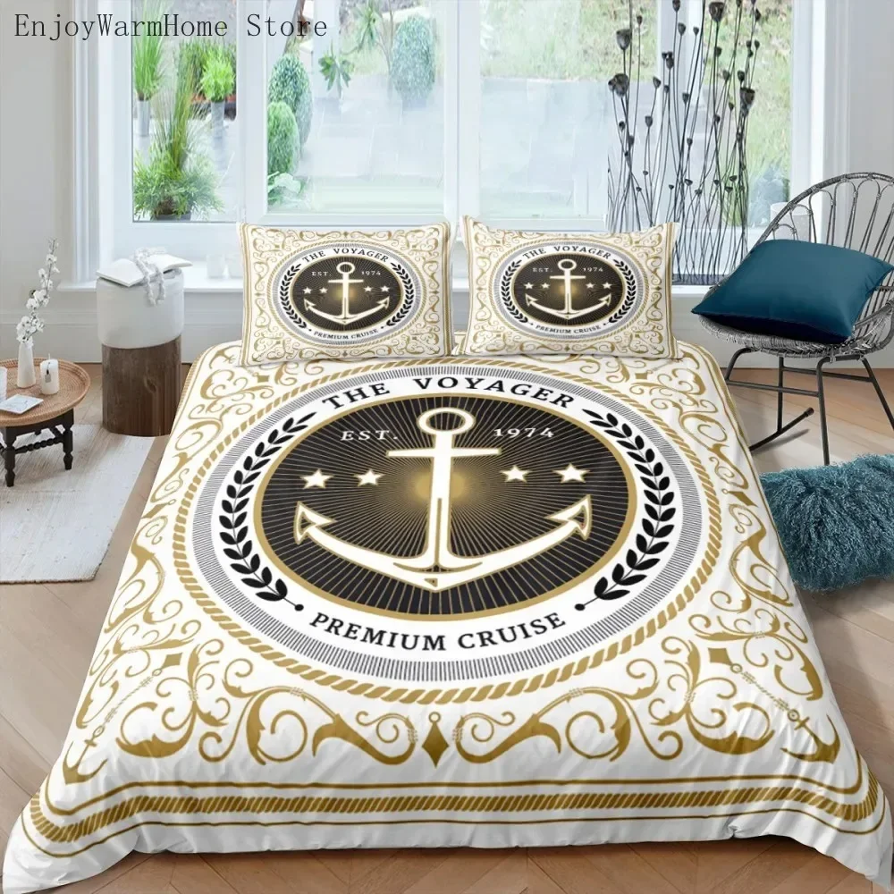 Luxury 3D Gold Anchor Print Duvet Cover Pillowcase Nautical Ocean Anchor Bedding Set Full Queen King Size Home Textiles