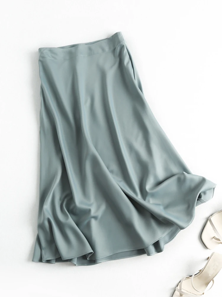 Jupe mi-longue taille haute en satin pour femmes, jupe longue élégante simple, dame de bureau anglaise, mode d'été, 2024