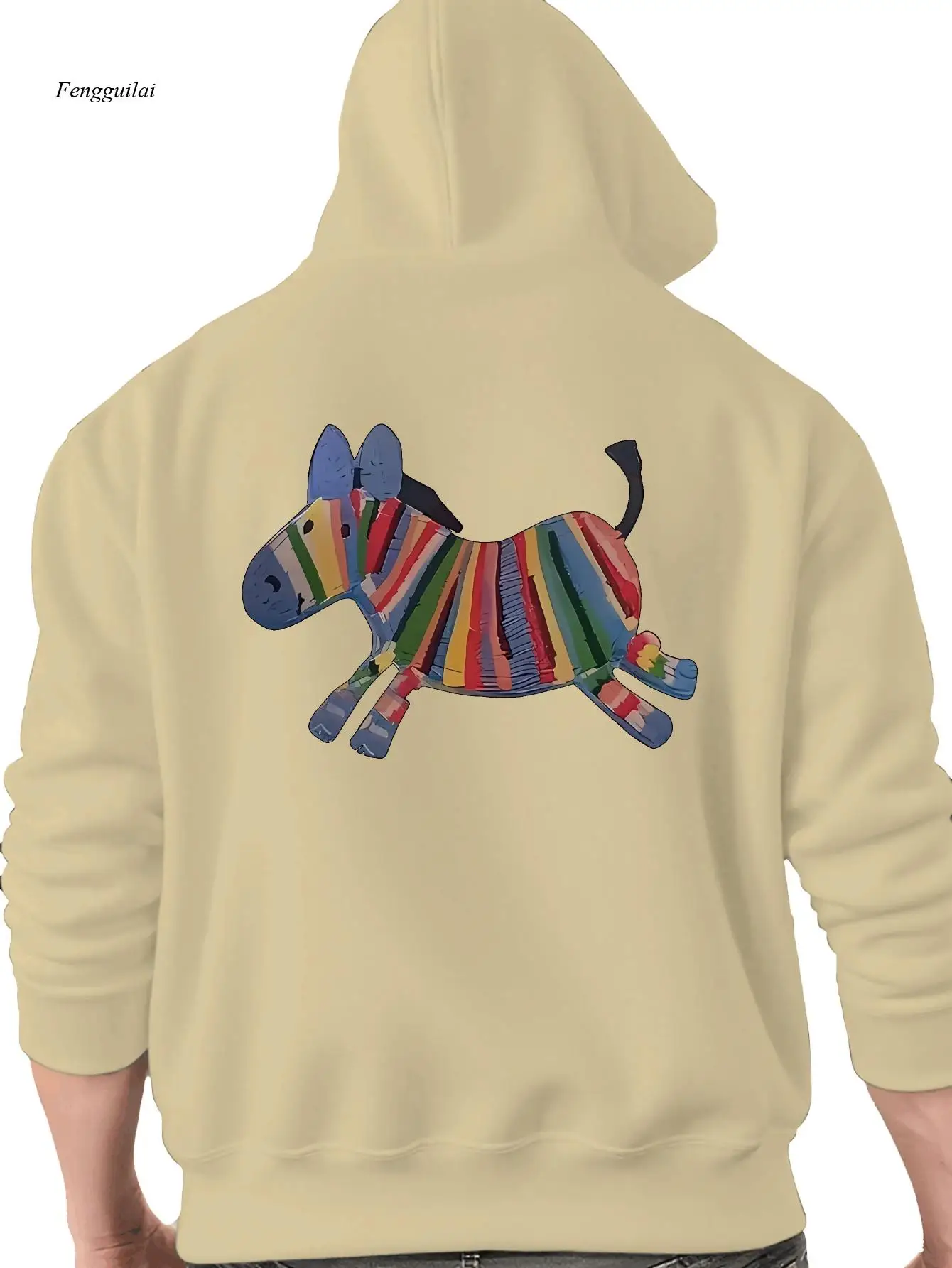 다채로운 당나귀 프린트 후디 - 생동감 넘치는 줄무늬 디자인의 트렌디한 레드 드로스트링 스웨트셔츠