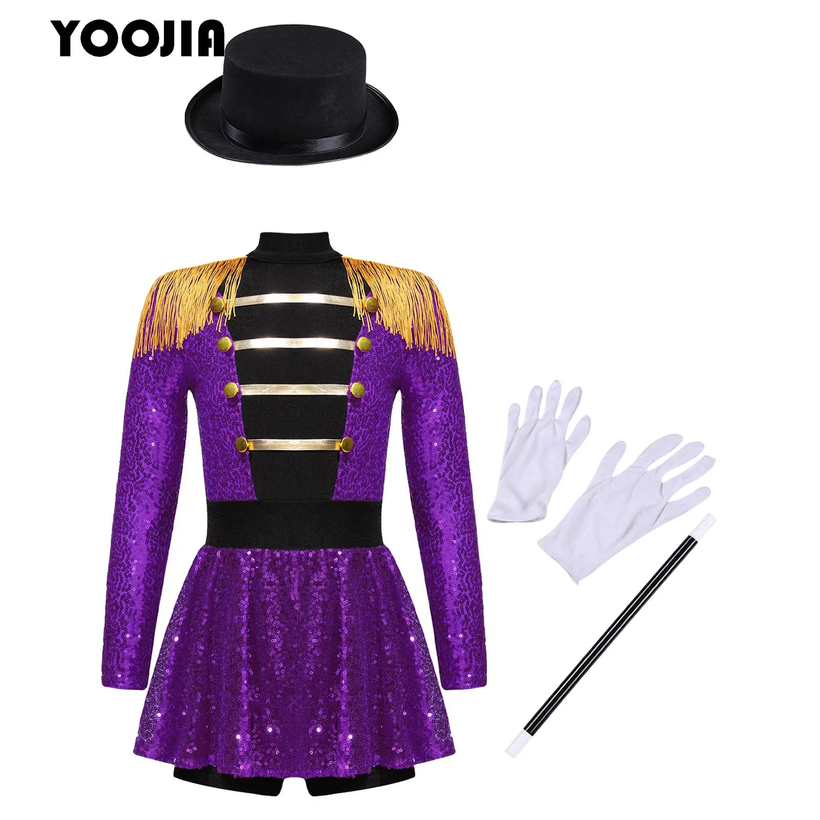 Kids Girls Sequin Circus Ringmaster Long Sleeve Bodysuit with Hat Magic Wand Gloves Outfit for Halloween Cosplay Party Dance Set