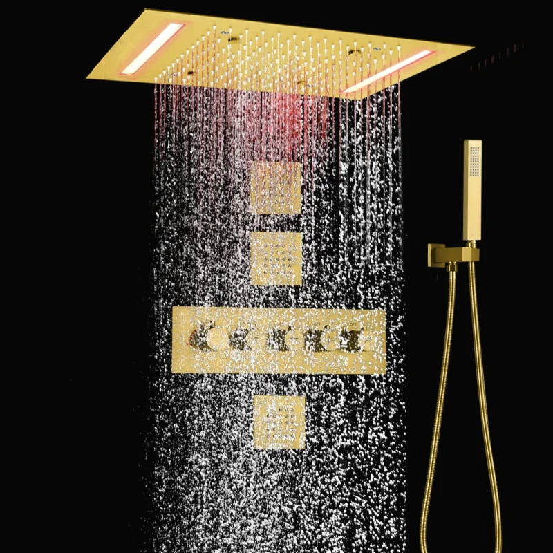 Thermostatic Brushed Gold Rain Bath Shower System 14 X 20 Inch Ceiling Mounted LED Shower Head Brass Body Spa Jets