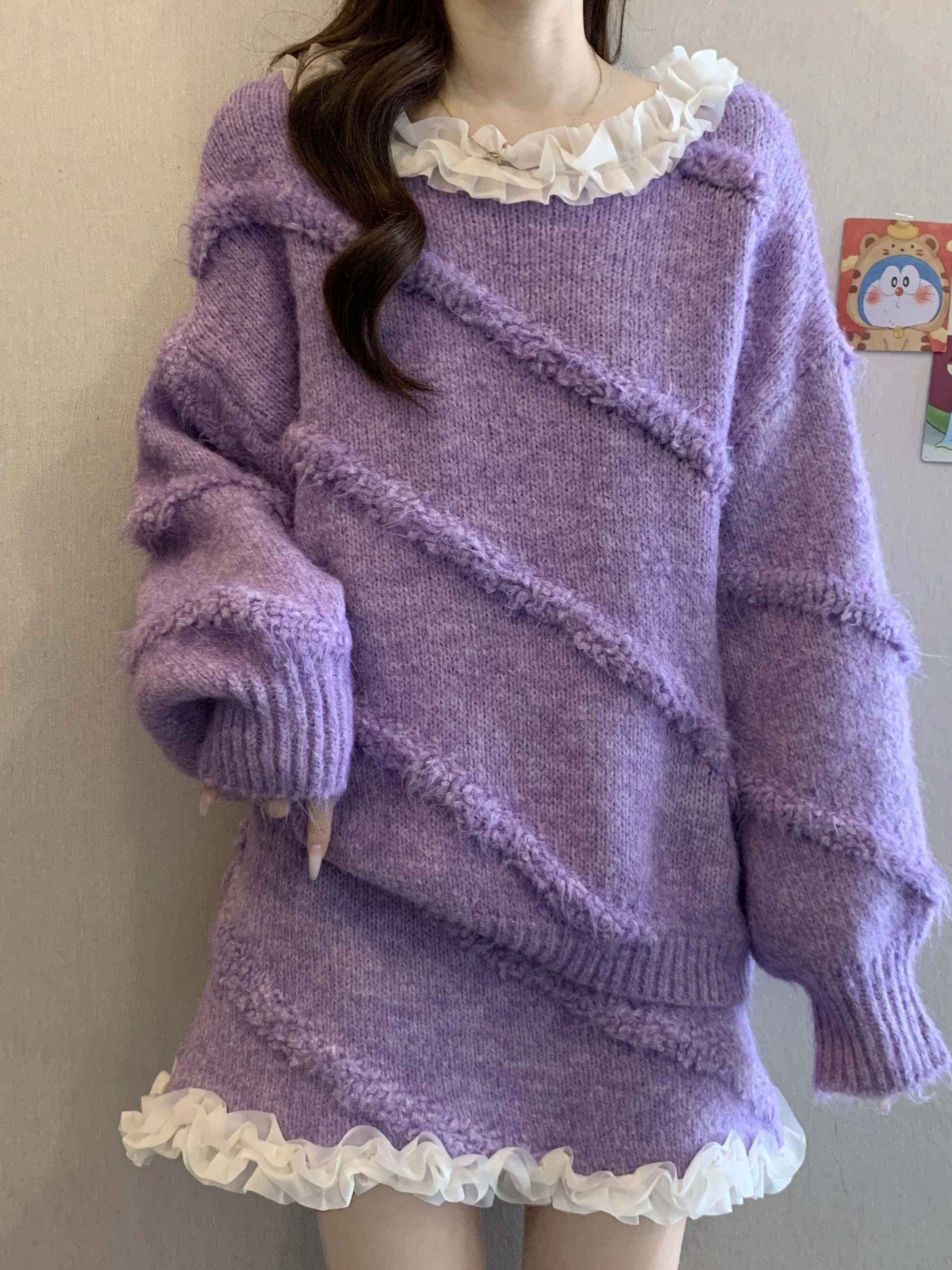 

Женский фиолетовый свитер с кружевной отделкой, комплект с юбкой большого размера, осень-зима, модный повседневный комплект, корейский свободный крой, длинный свек, круглый Ne