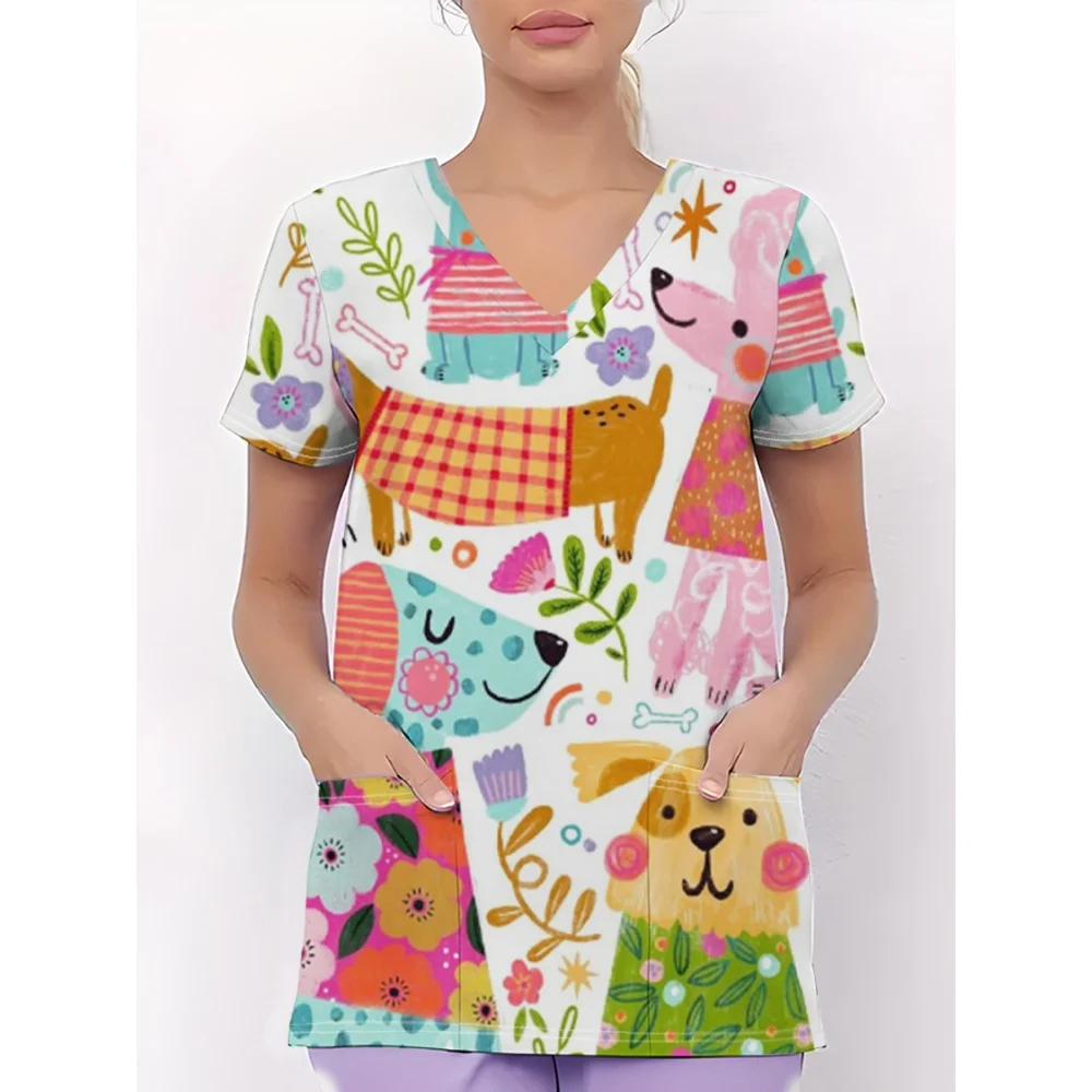 イースター女性用ソフトで通気性のあるVネックスクラブトップ、バニー柄半袖、看護師ファッション、快適な獣医臨床ユニフォーム女性用