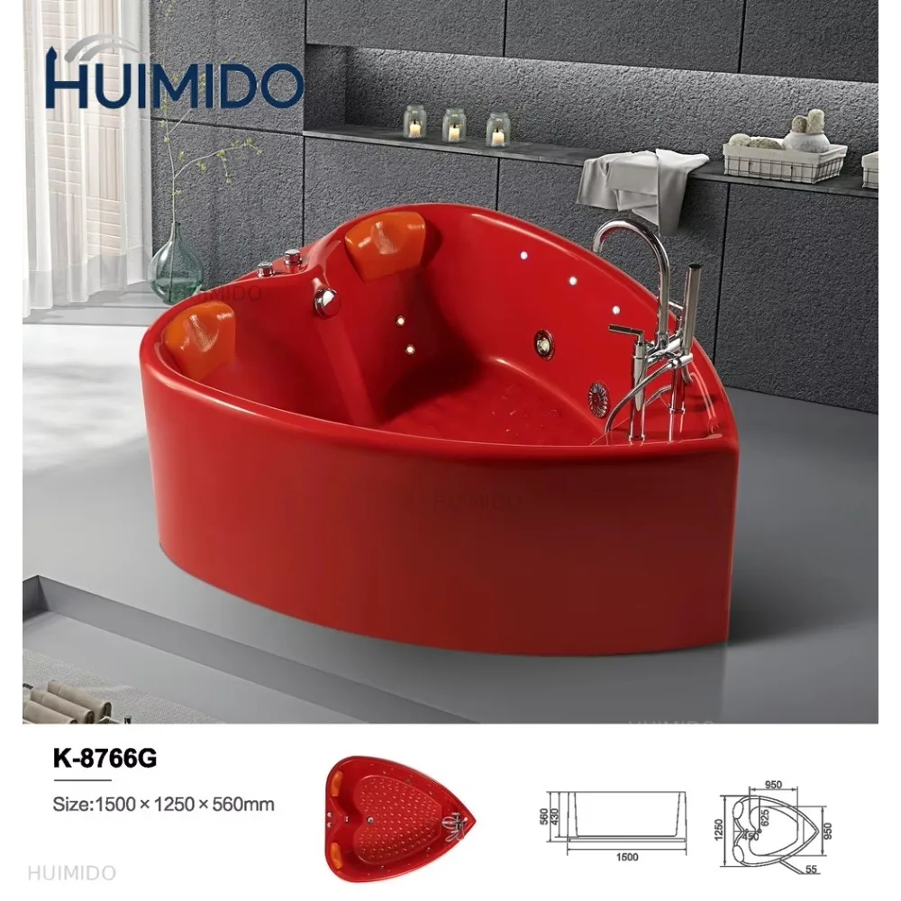 Idromassaggio a Forma di Cuore per 2 Persone, Vasca da Bagno Spa Rossa in Acrilico, Vasca Idromassaggio Freestanding con Getti