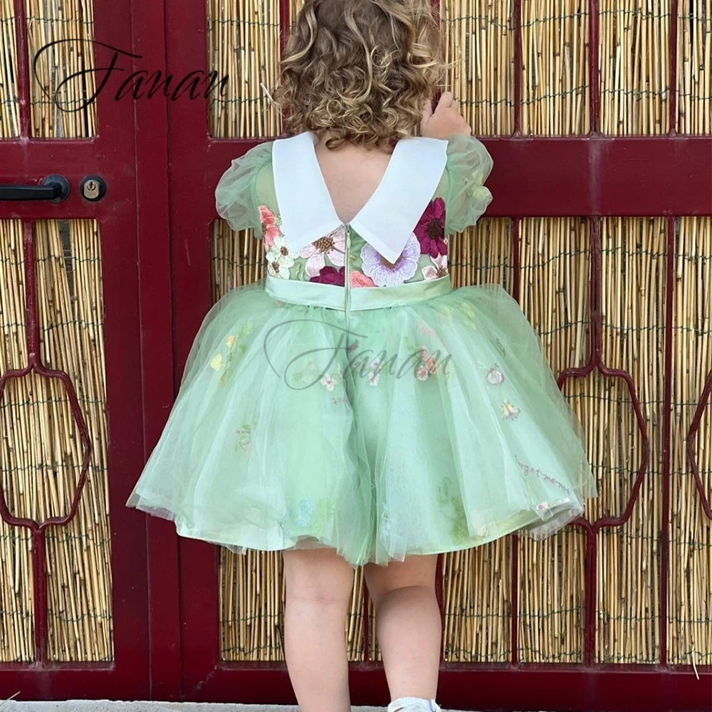 Customized Exquisite Round Neck Bow Tulle Children's Dress Lantern Sleeve A-line Flower Girl es Mini  платье для девочки