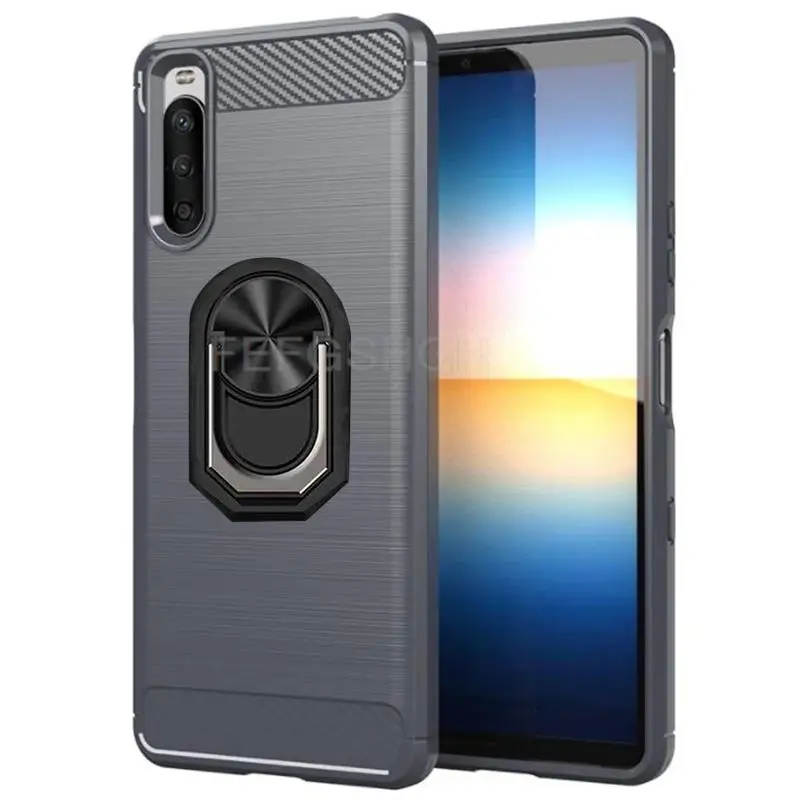 Carbon Fiber Brushed Soft Protective Case For Sony Xperia 10 III SO-52B SOG04 XQ-BT52 Ring Stand Holder Shockproof Phone Cover