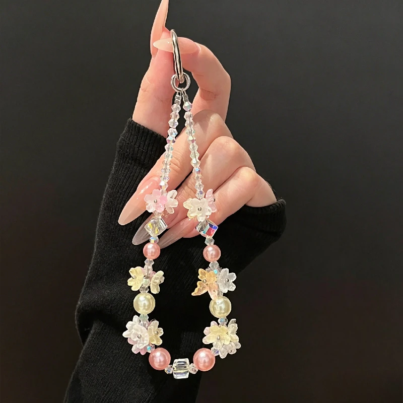 

Gentle Cherry Blossom Crystal Beaded Mobile Phone Lanyard, Ins Wind Super Fairy Magic Sweet Anti-lost Bag Pendant