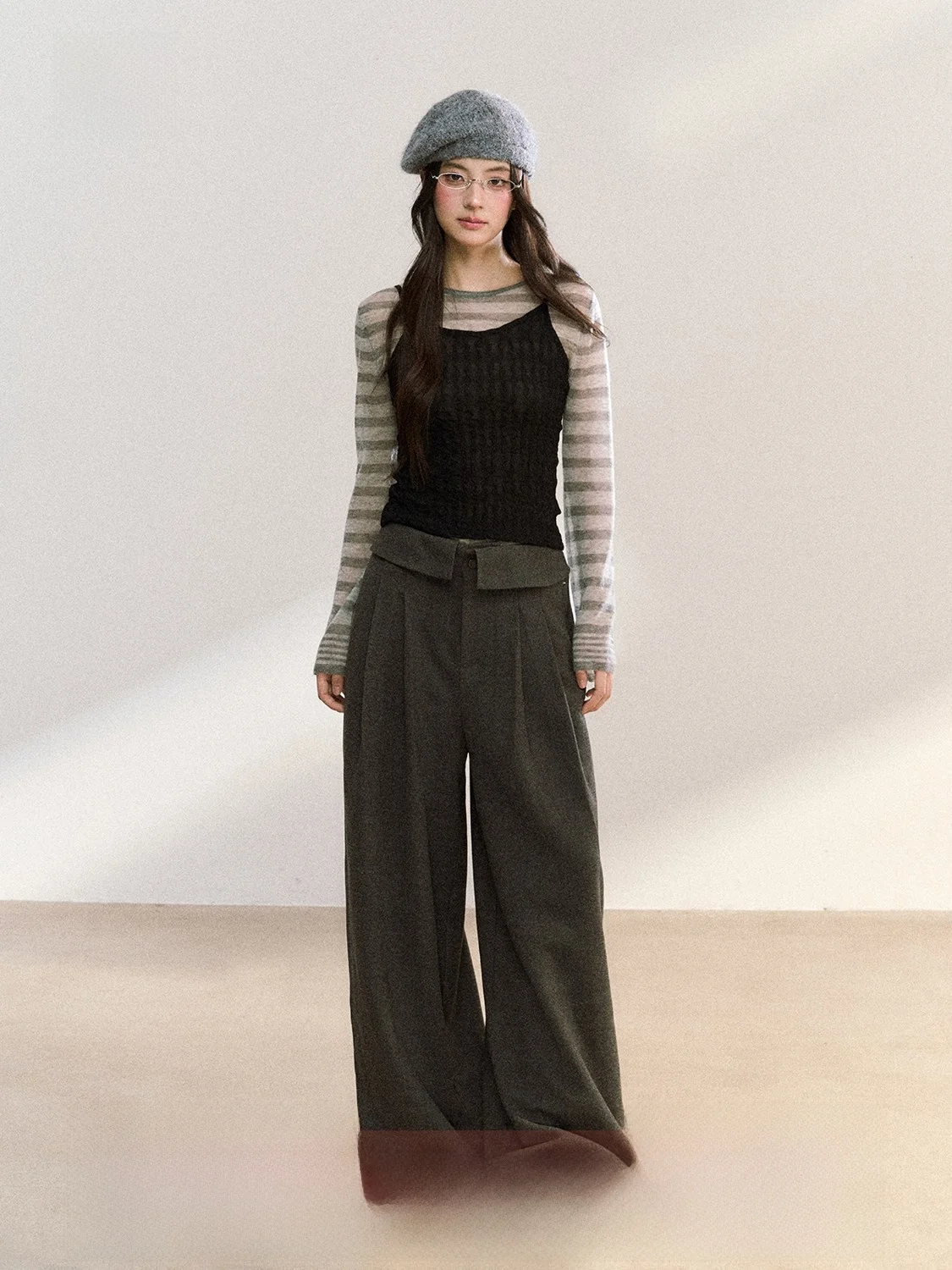 

FPMZ High Waist Straight Leg Wide Leg Pants Simple Design Rivet ket Woolen Trousers Autumn Winter Slimming Long Pants