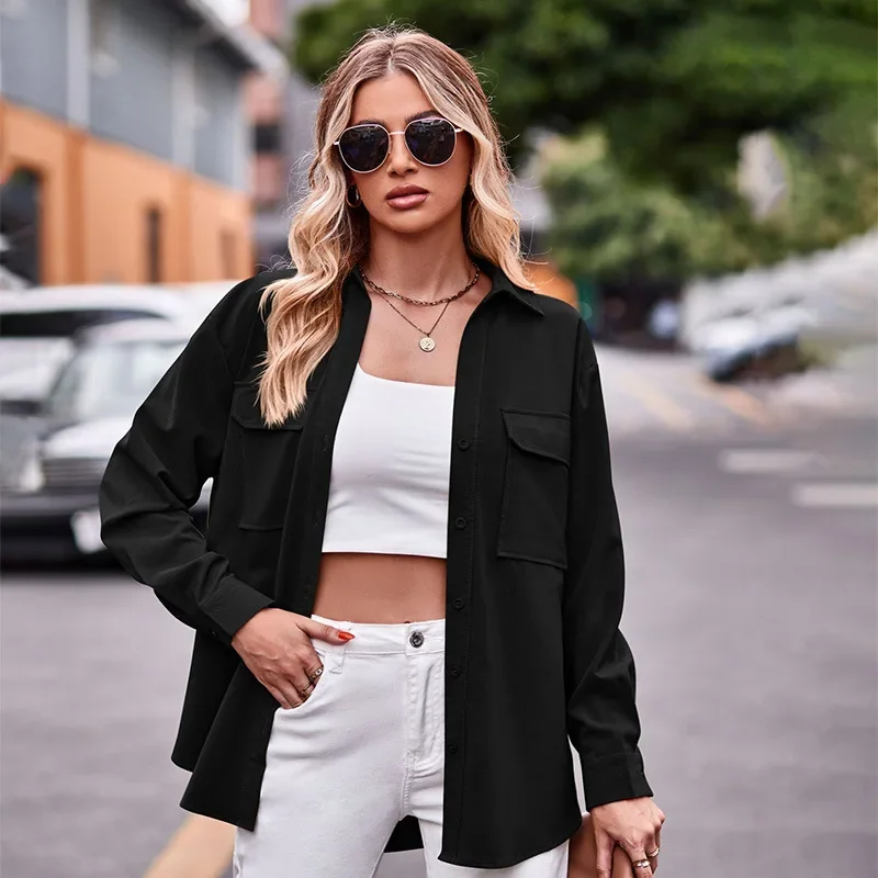2024 Autumn/Winter New Comfortable and Casual Double Pocket Solid Color Single breasted Long sleeved Shirt for Women YBF35-3