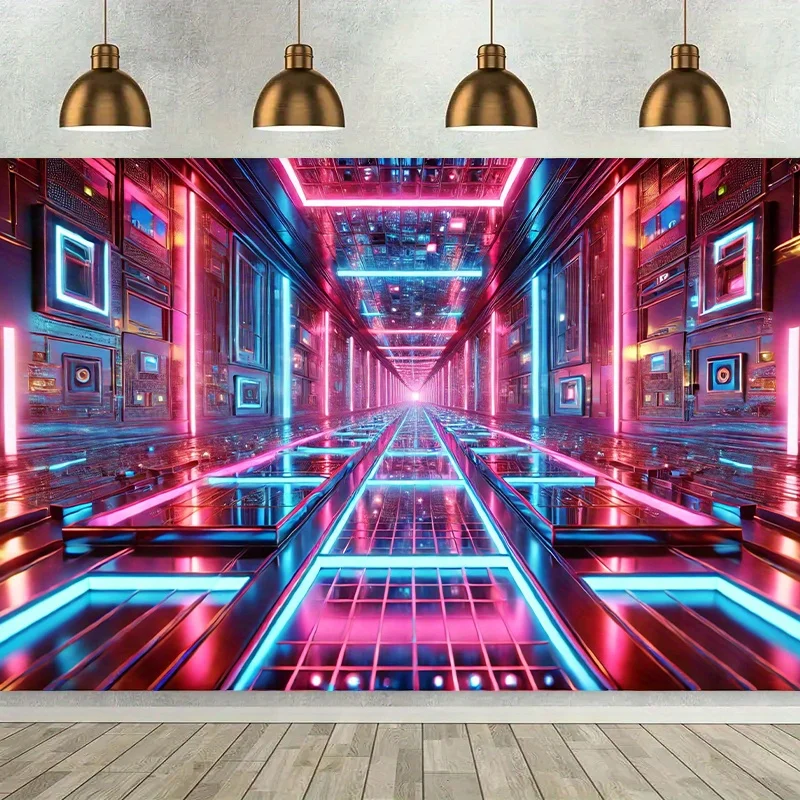 

2D banner 1 piece, cyberpunk futuristic neon tunnel background banner, suitable for birthdays, festivals, parties