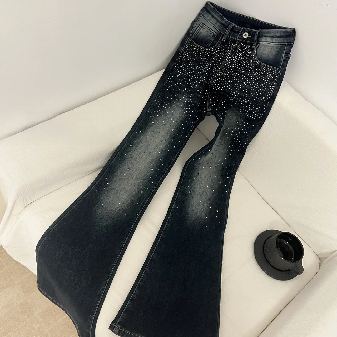 

Retro Sequin Bell Bottom Jeans High Waist Gradient Color Pleated Fleece Denim Pants Slim Fit Long Trousers for Women
