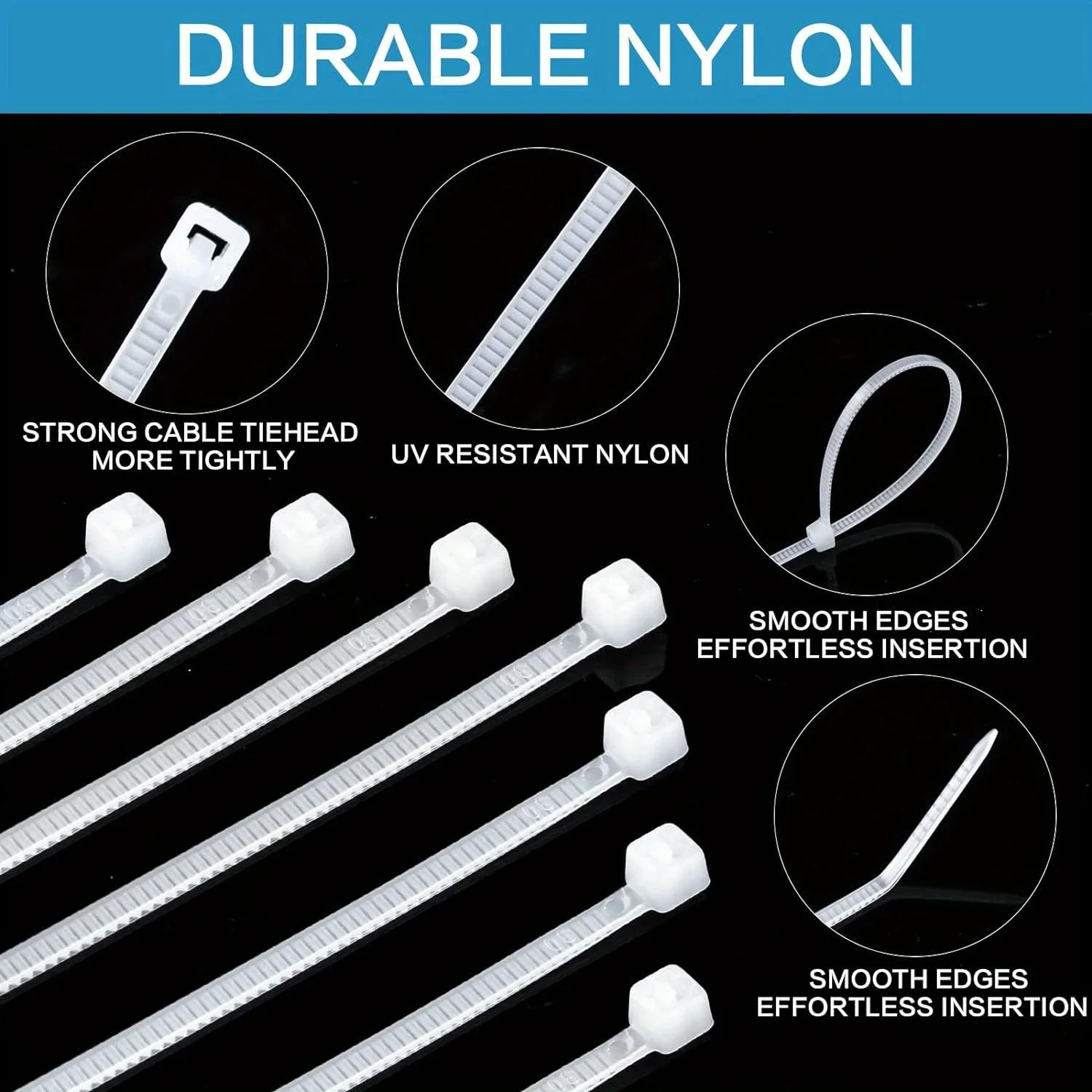 Abraçadeiras de nylon com travamento automático branco de 1000 pacotes – Abraçadeiras de plástico duráveis de 4 polegadas para uso interno e externo