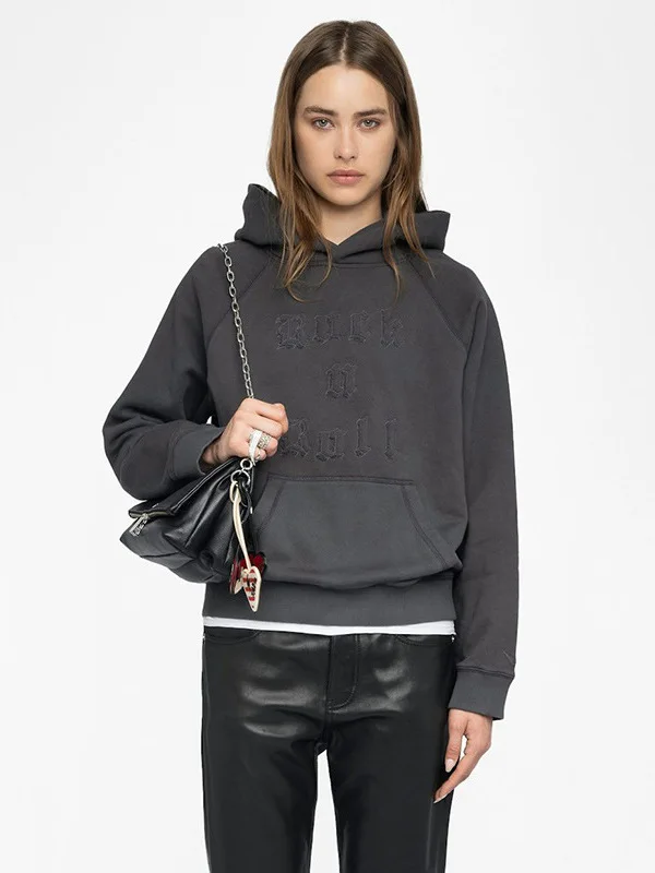 Ladies Fleece-lined Hoodie with Embroidered Hand-cranked Letter Wings Special Stitching Early Autumn New Style Small Audience