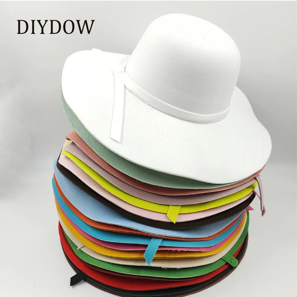 Hepburn Style Women\'s Large Brim Felt Imitation Wool Hat Unisex Fedora Hat Fashionable Round Top Bucket Hat Autumn Winter