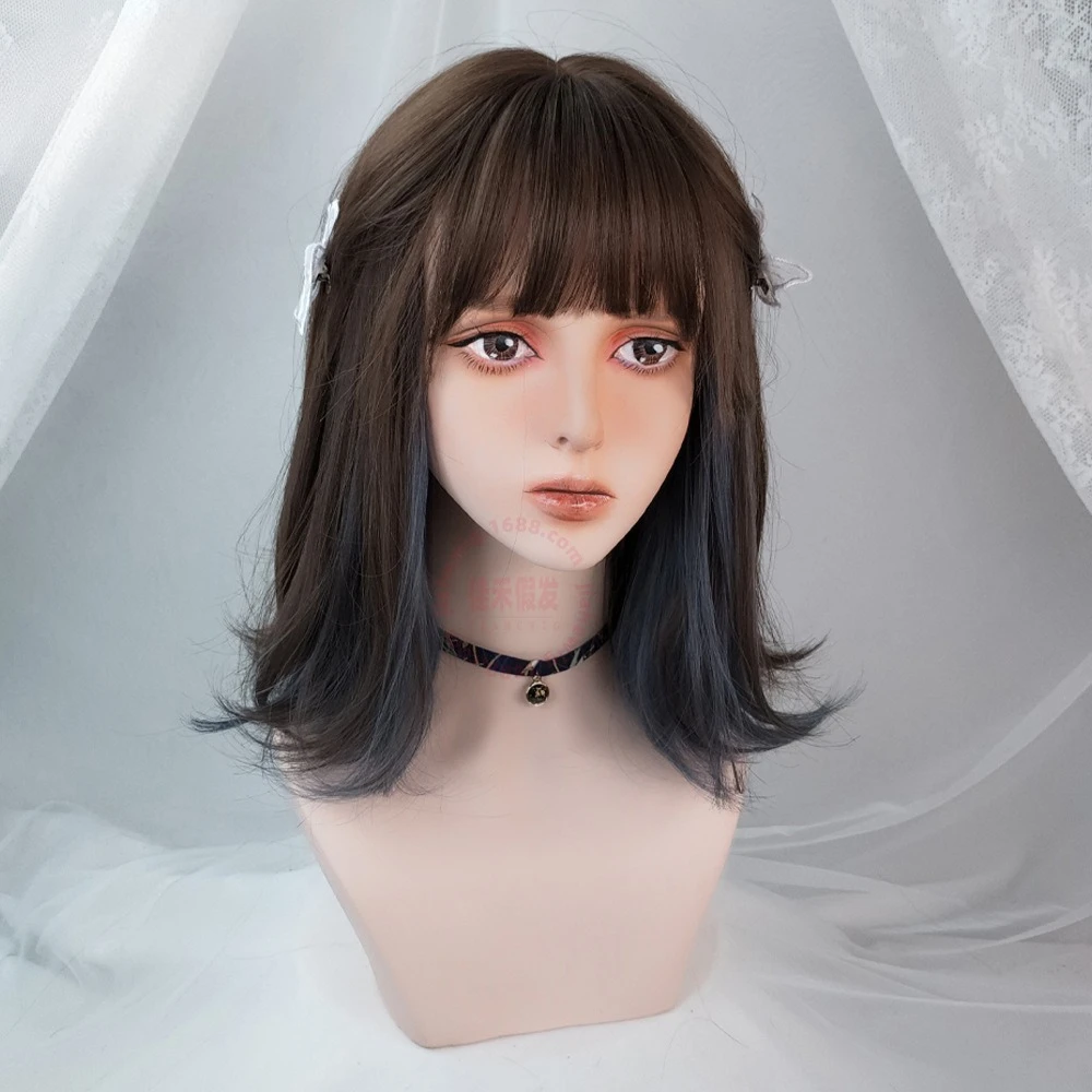 

Wig temperament bangs trimming high temperature silk hanging ear dye anti-warping clavicle hair full head cover