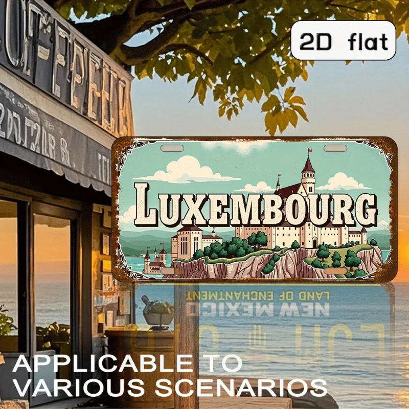 HD Aluminum Metal Sign, Luxembourg Vintage License Plate Style Wall Decor, Retro Castle Landscape Distressed Design Tin Poster f