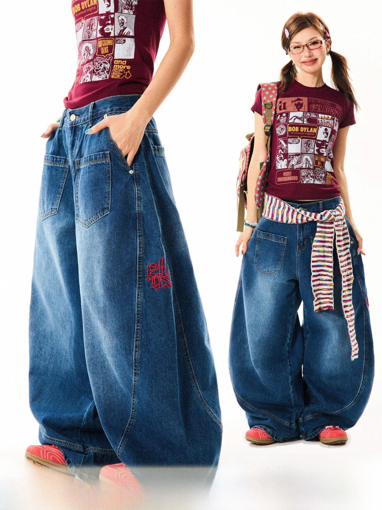 

Young Stage American Decosition Gothic Embroidery Wide Leg Jeans Women Loose Slim Floor-Length Pants Casual Sle