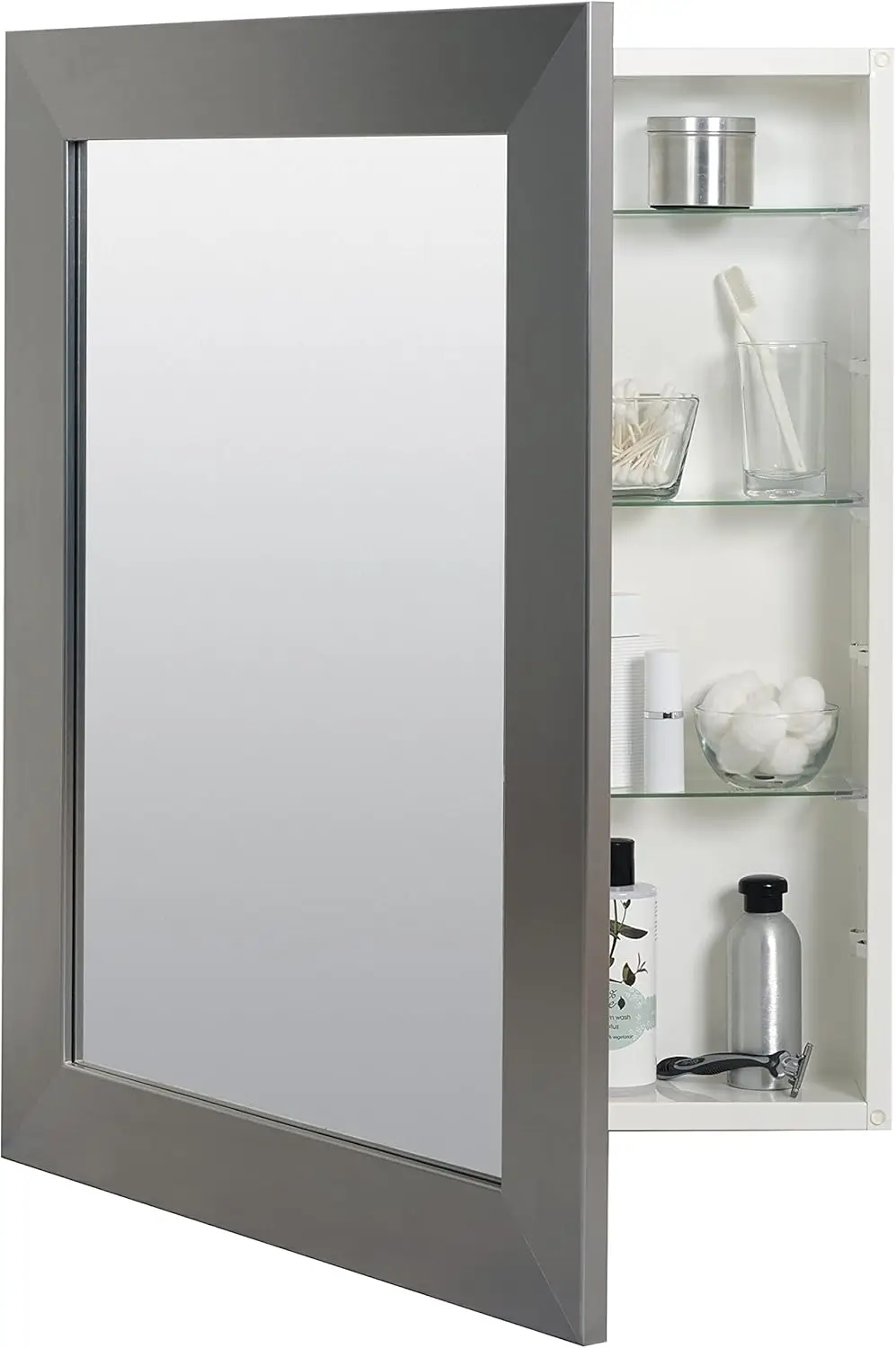 Home Surface or Recess Mount Framed Mirror Medicine Cabinet, 24.5” W x 30.5” H, Brushed Nickel