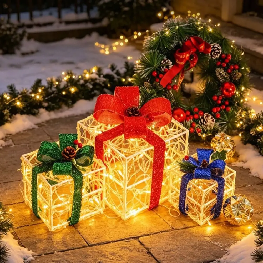 Set of 3 LED Lighted Christmas Gift Boxes Soft LED Lights Premium Lightweight Material Christmas Ornaments Stackable Design