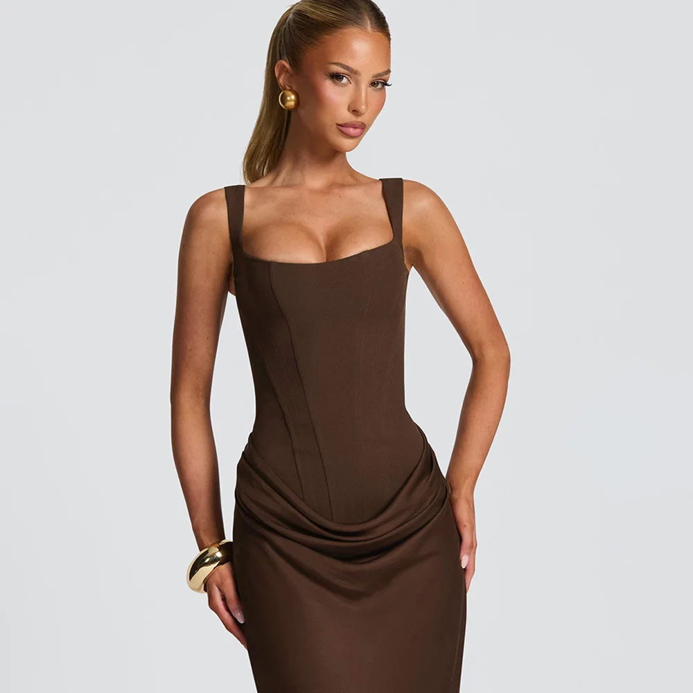 Vestido de fiesta de satén plisado para mujer, largo, sirena, tirantes finos, cuello cuadrado, vestido de fiesta formal maxi