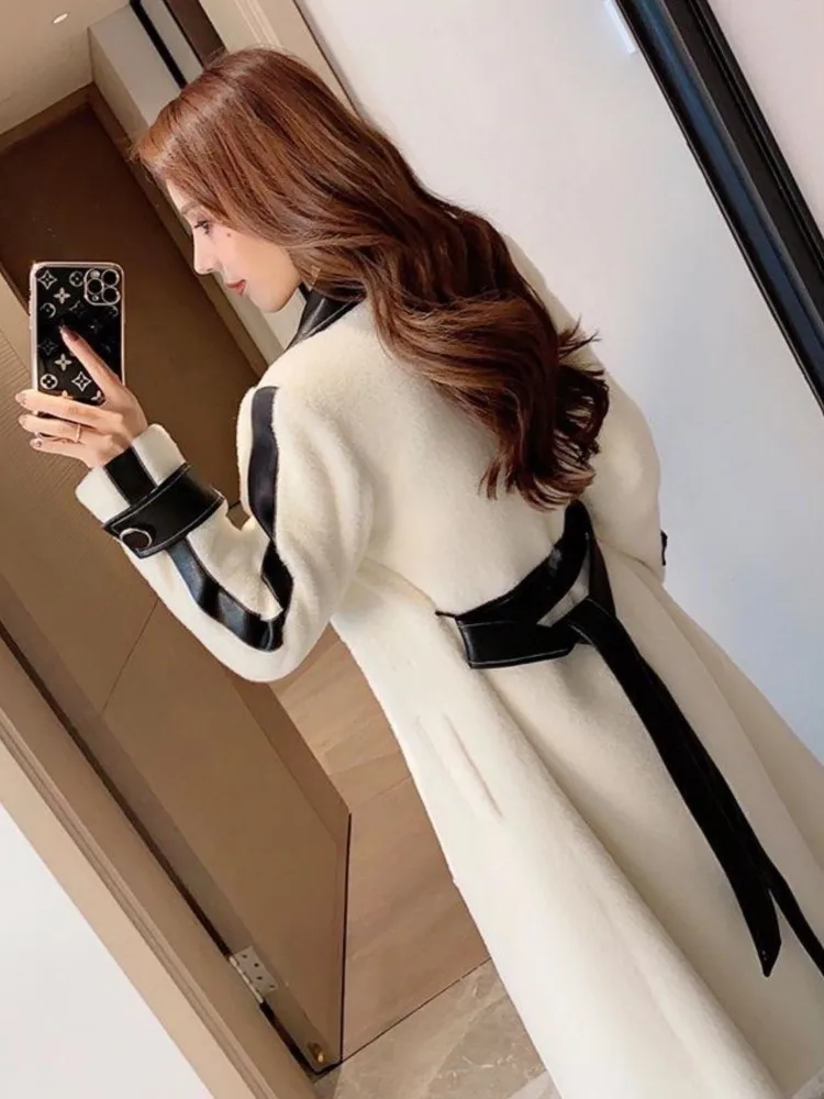 Autumn Winter Elegant Woolen Coat Women Contrast Color Patchwork Long Jackets with Belt Lapel Korean Fashion Female Outerwear