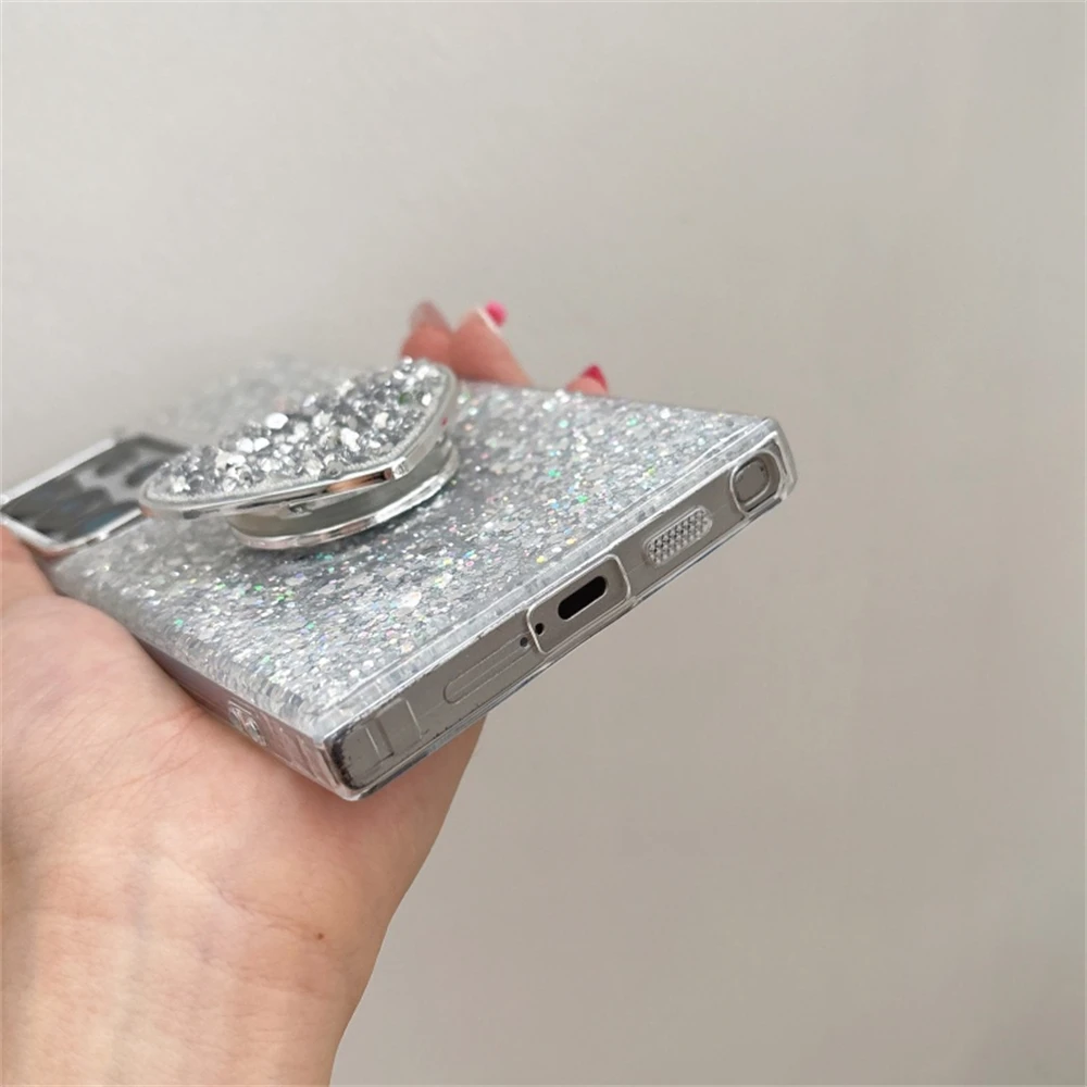 Funda con soporte de corazón brillante para Samsung Galaxy S25 S24 S23 S22 Ultra Plus FE, cubierta a prueba de golpes con brillo chapado completo