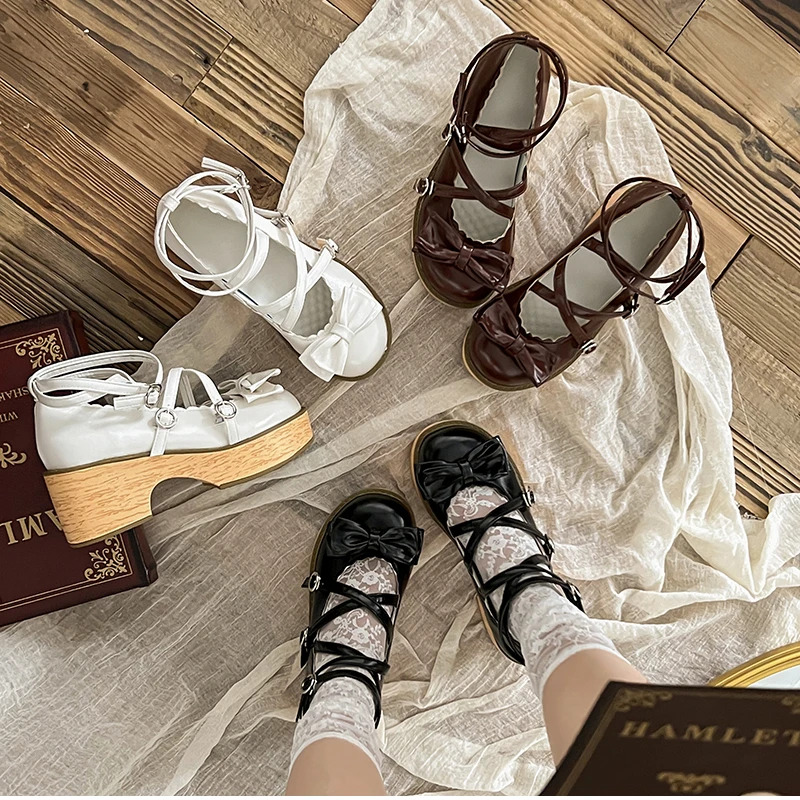 Women's Cross Strap JK Lolita Mary Jane Shoes - Leather Pumps with Butterfly-Knot, Spring Autumn Outdoor Ladies Footwear