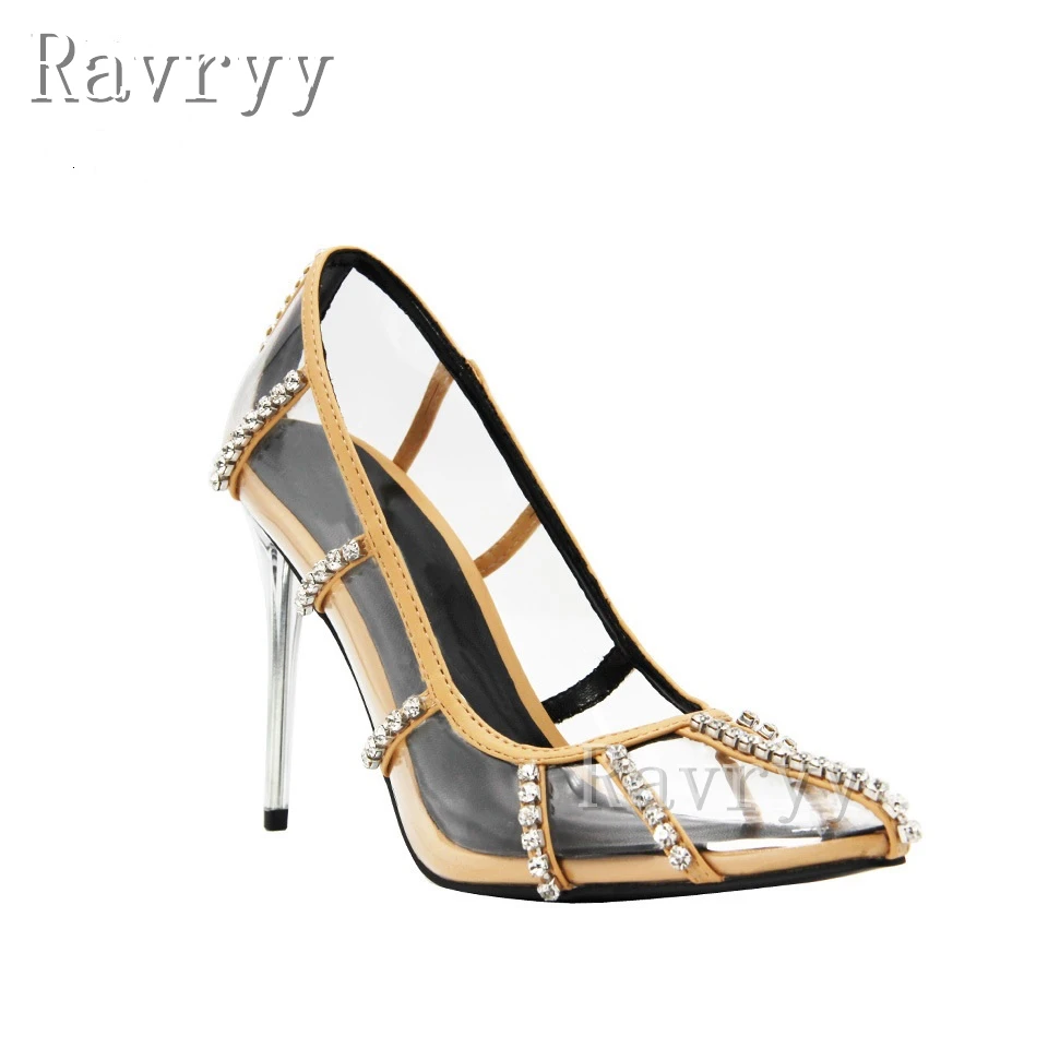 

Pvc Transparent Thin High-Heeled Shoes Pointed Toe Diamond Chain Decoration Sandals Office Women's Formal Shoes